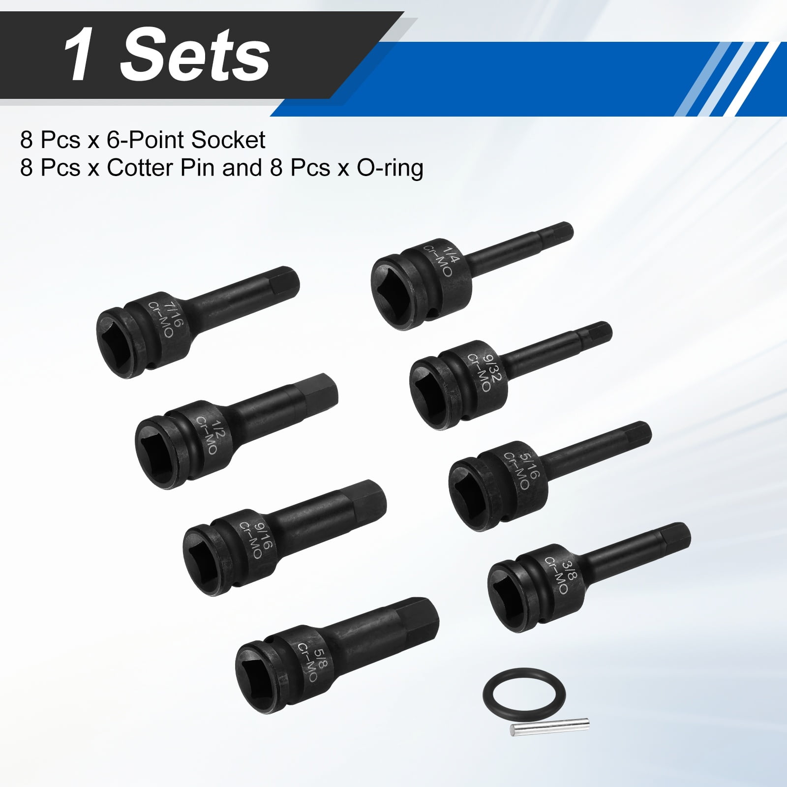Uxcell 1/2" Drive Impact Hex Bit Socket Set 1/4,9/32,5/16,3/8,7/16,1/2,9/16,5/8 Inch SAE CR-MO Steel 6-Point Sockets with Cotter Pin for Power Drill Drivers Adapter