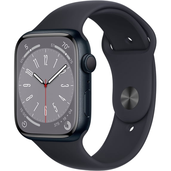 Pre-Owned Apple Watch 8 GPS 45 mm Silver Aluminum Case with Midnight Sport Watch Band, 1 Pack