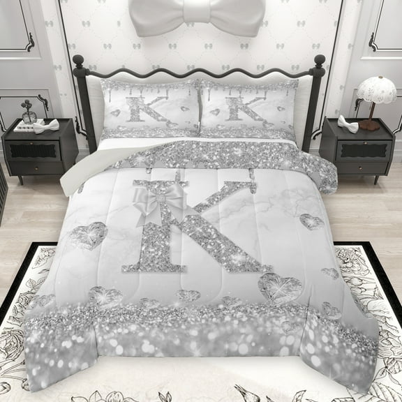 Homewish Fashion Initial K Letter Bedding Comforter Set, Glitter Diamond Love Heart Twin Comforter Sets, Princess Grey Bowknot Reversible Bedding Set, Super Cozy Room Decor, 2 Pieces