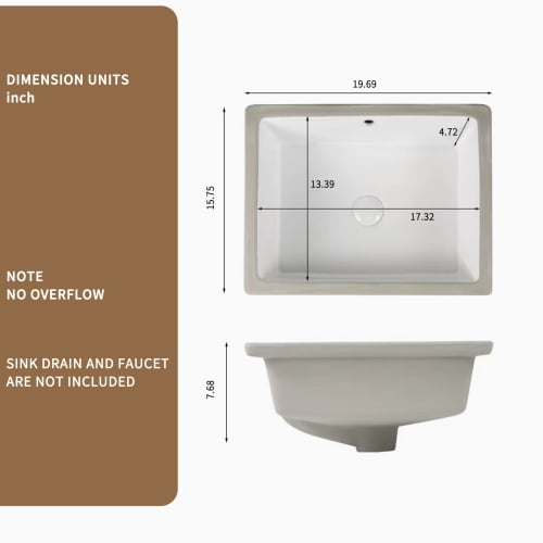 Rectangular Undermount Bathroom Sink, White Ceramic Lavatory Vanity Basin, With Overflow, High-Temp Fired, Cutting Template Included