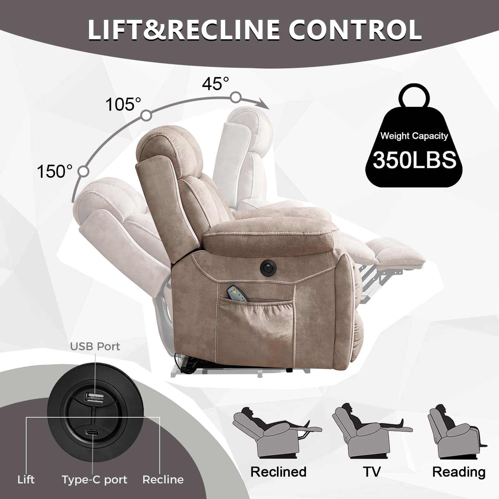 Ebello 40.5" Wide Extra Large Microfiber Electric Heated Massage Lift Recliner Living Room Chair with Cup Holder & USB, Light Brown