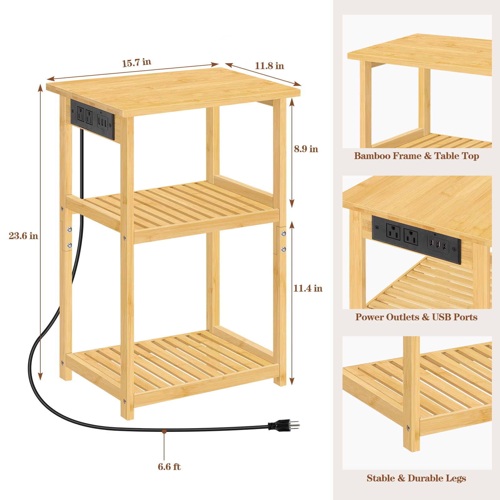 Wood Bamboo Nightstand with Charging Station, 3鈥慣ier Open Shelf End Table for Bedroom Living Room