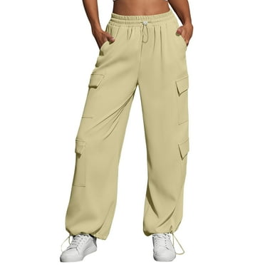 SnnmBlm Women's Baggy Cargo Sweatpants Drawstring High Waisted Y2K Straight Leg Jogger Pants Khaki M