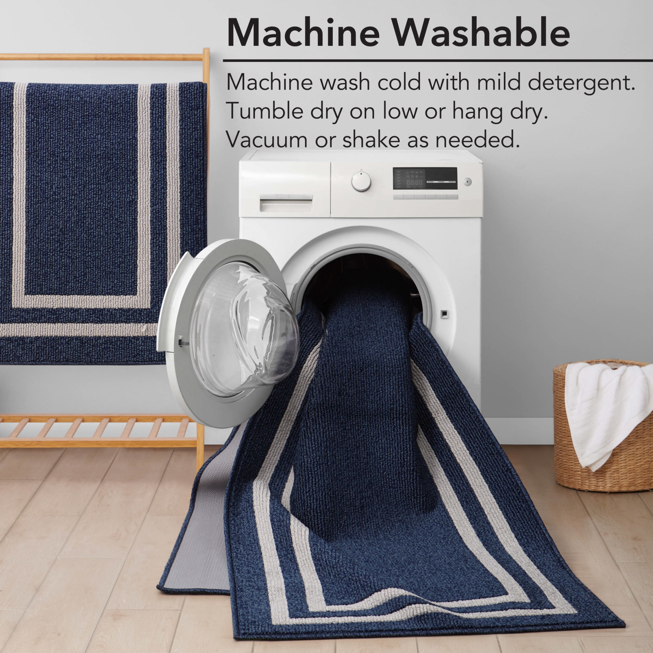 Washable Skid-Resistant Runner Rug, Border, Denim Twist and Light Grey, 26" x 45" and 26" x 60" 2-Piece Set