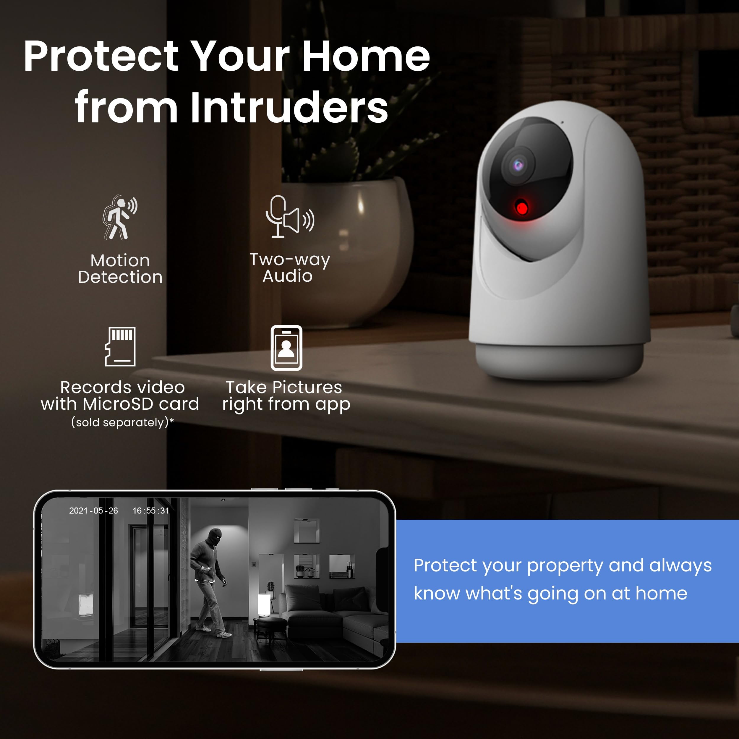 Feit Electric Indoor Security Camera with Motion Detection, 30ft. Night Vision, Pan and Tilt Head, 2.4GHz WiFi, 2-Way Audio, 1080p HD, Works with Alexa & Google Asst, Plug-in, White, CAM/PAN/WiFi/