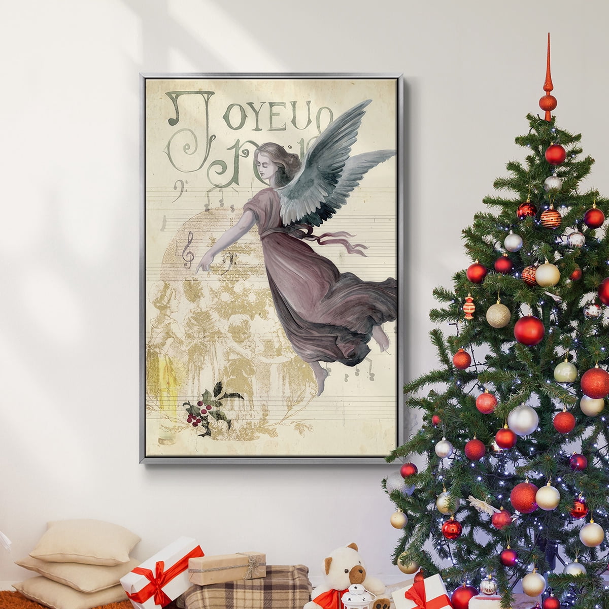 Christmas Greetings Collection B - Framed Gallery Wrapped Holiday Canvas - 27 x 41 - Silver Frame