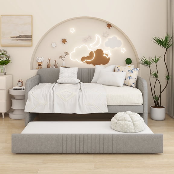 Upholstered Daybed Sofa Bed Twin Size With Trundle Bed and Wood Slat, Gray