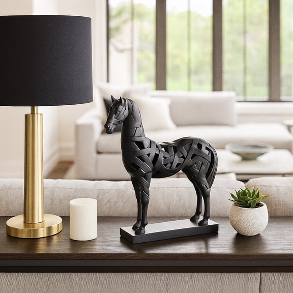 Sagebrook Home Resin Horse on Base Sculpture for Home Tabletop Decor - Decorative Horse Sculpture for Living Room, and Book Shelf Accent - 17", Black