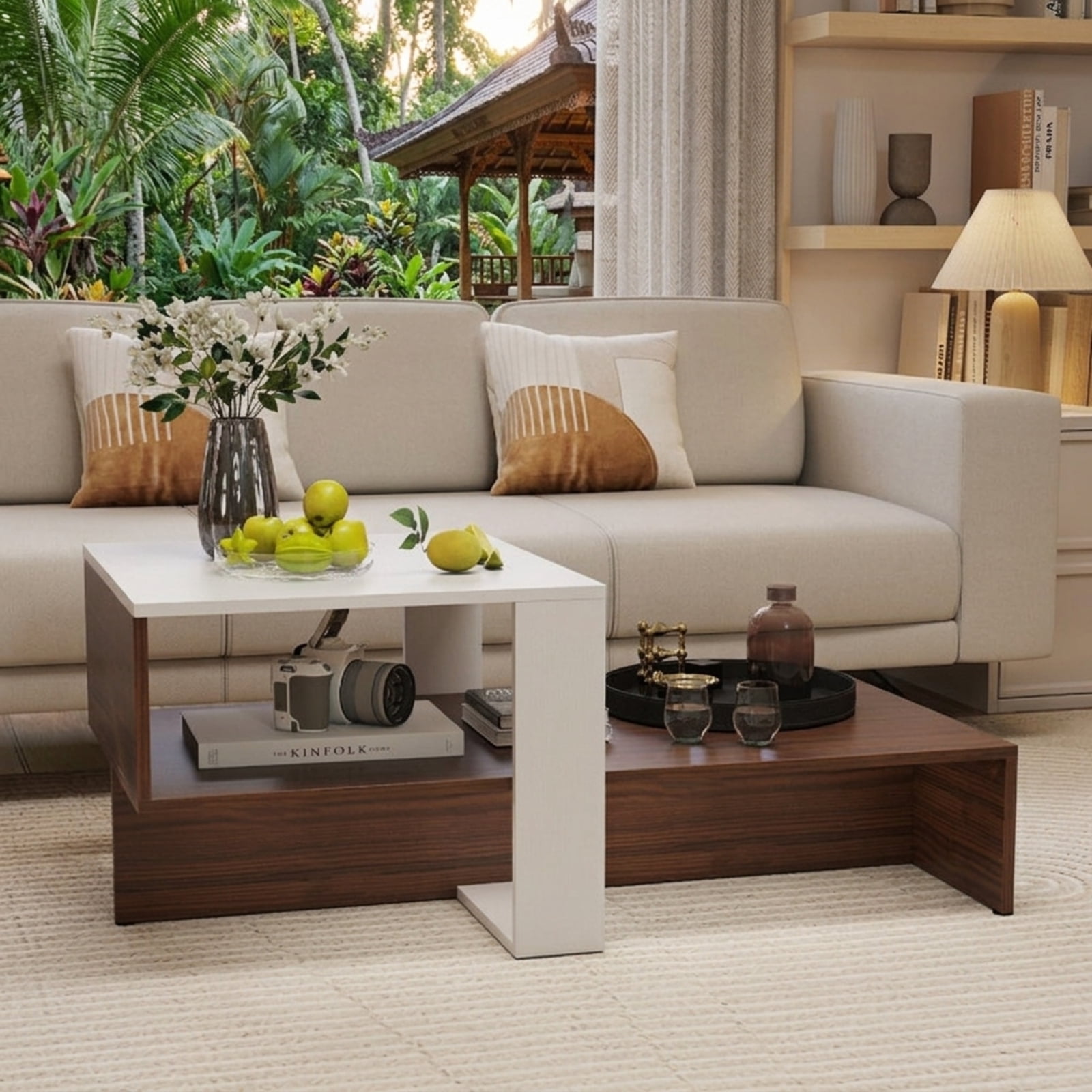 Furnibear 2 Tier Geometric Coffee Table with Storage Shelves a Compact Living Room Center Table for Small Spaces for Home and Living Space, White