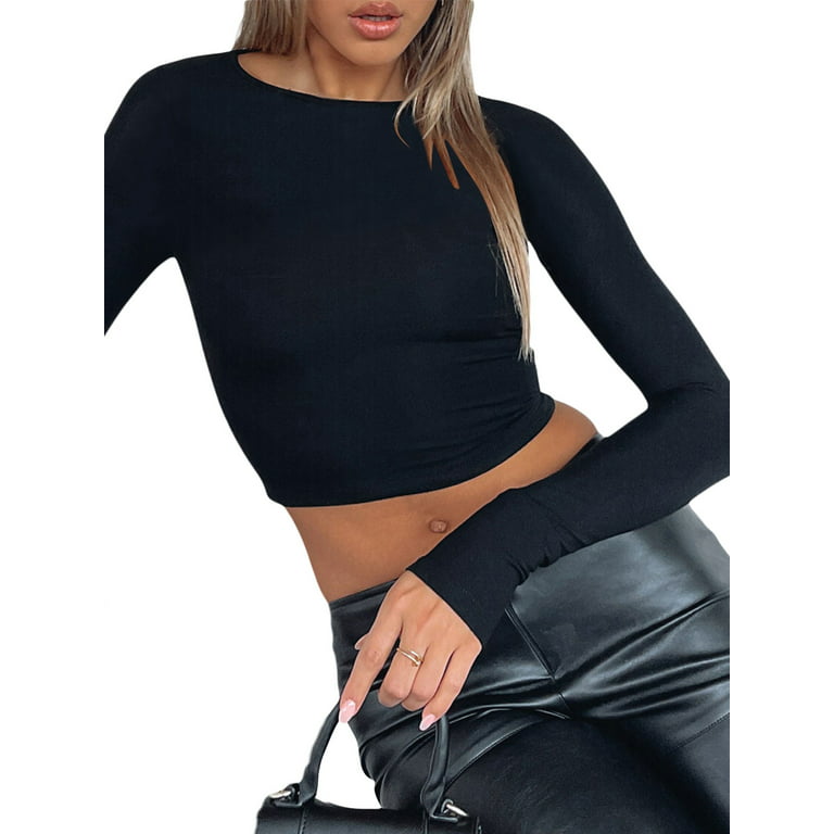 wybzd Women Basic Slim Fit Crop Top Casual Long Sleeve Crew Neck Pullover  Tees Solid Tight Cropped T Shirt Streetwear Black S | 