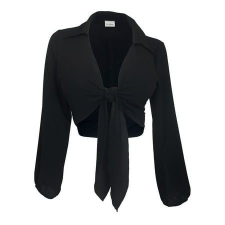Tie Front Chiffon Blouse - eVogues Plus Size Front Tie Off Long Sleeve Cropped Chiffon Blouse Black