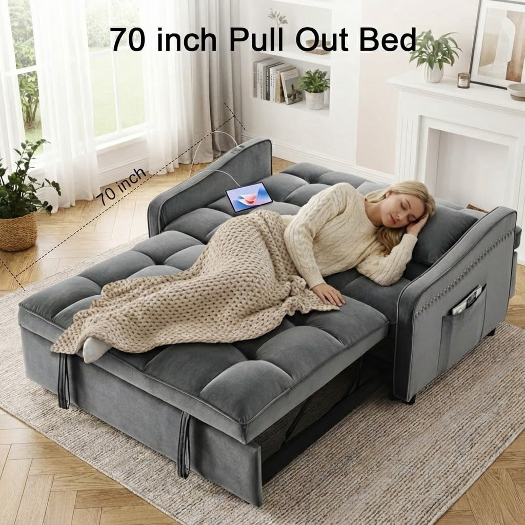 Xiweot 3 in 1 Sleeper Sofa Bed, 53 Inch Convertible Pull Out Couch with Adjustable Backrest, Velvet Futon Loveseat Couch with Side Pockets & USB Ports for Living Room Bedroom (Gray)