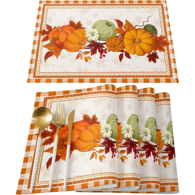 Napperons d'Automne pour Table à Manger, Ensemble de 6, Napperons Citrouille Orange, Feuilles d'Érable, Carreaux Buffalo, Napperon d'Automne, Récolte, Action de Grâce, Tapis de Table pour Table de Cuisine, Décor de Fête de Souper des Fêtes, 13 X 19 Po