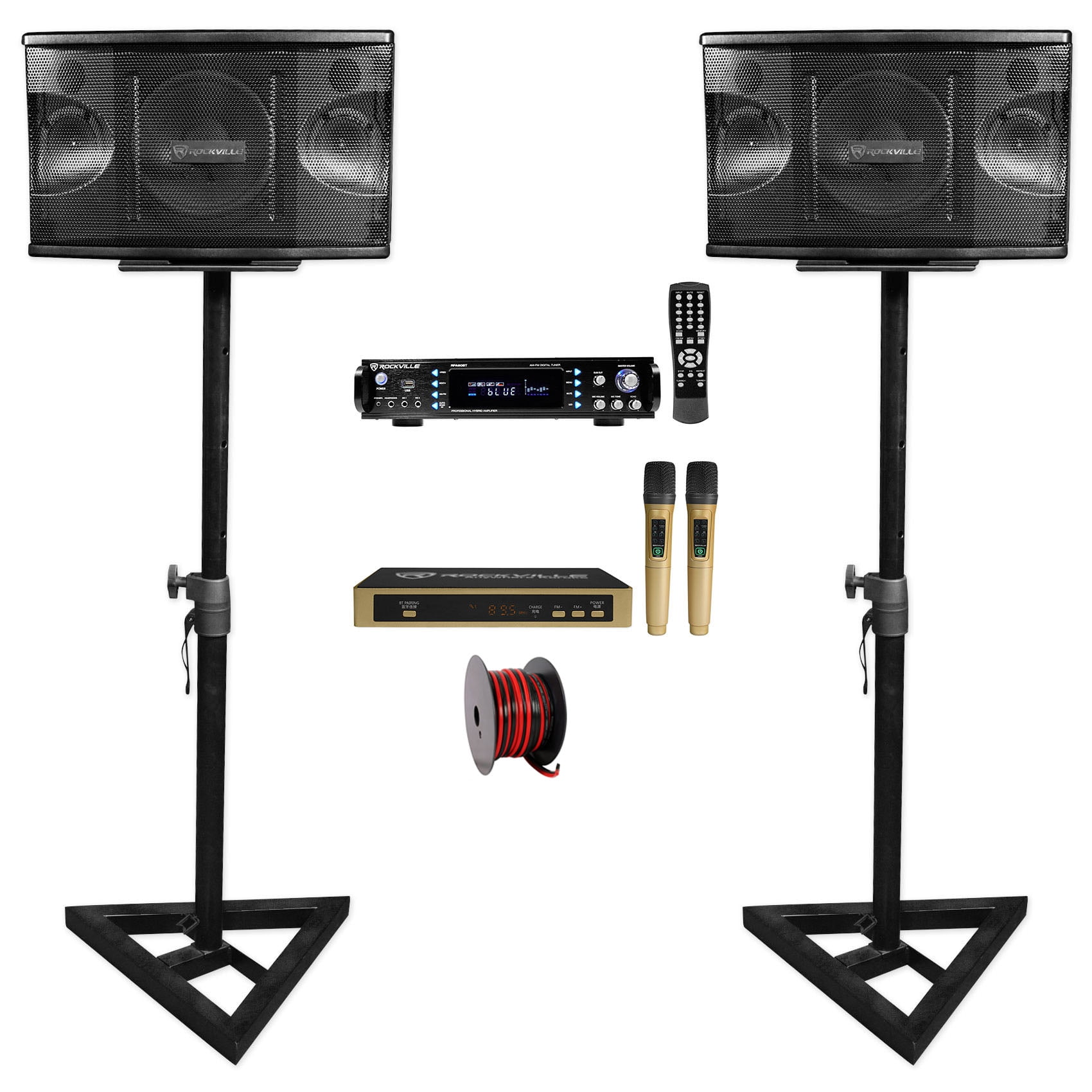 Rockville Bluetooth Karaoke Machine System (2) 8" Speakers+Stands