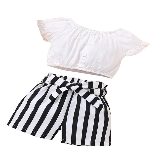 Toddler Girl Summer Outfits Set Short Sleeve Button Down Crop Top Striped Shorts with Belt MHX