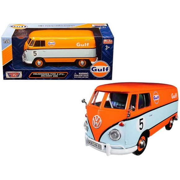 Motormax 79649 Volkswagen Type 2 Delivery Van No.5 Gulf 1-24 Diecast Model Car, Orange & Light Blue