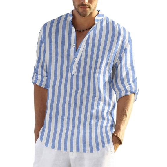 Men's Cotton Linen Henley T-Shirts Long Sleeve Hippie Casual Beach T-Shirts XXL