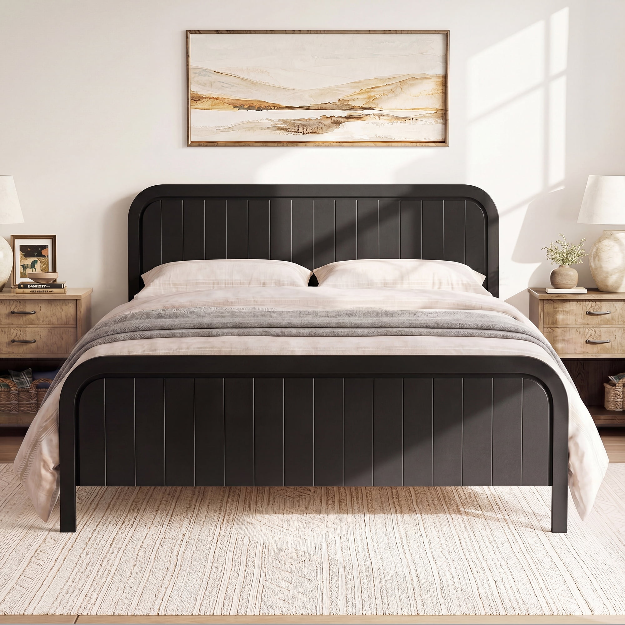 Euroco Wood Queen Size Platform Bed with Headboard, Noise-Free Design Bed Frame, Black