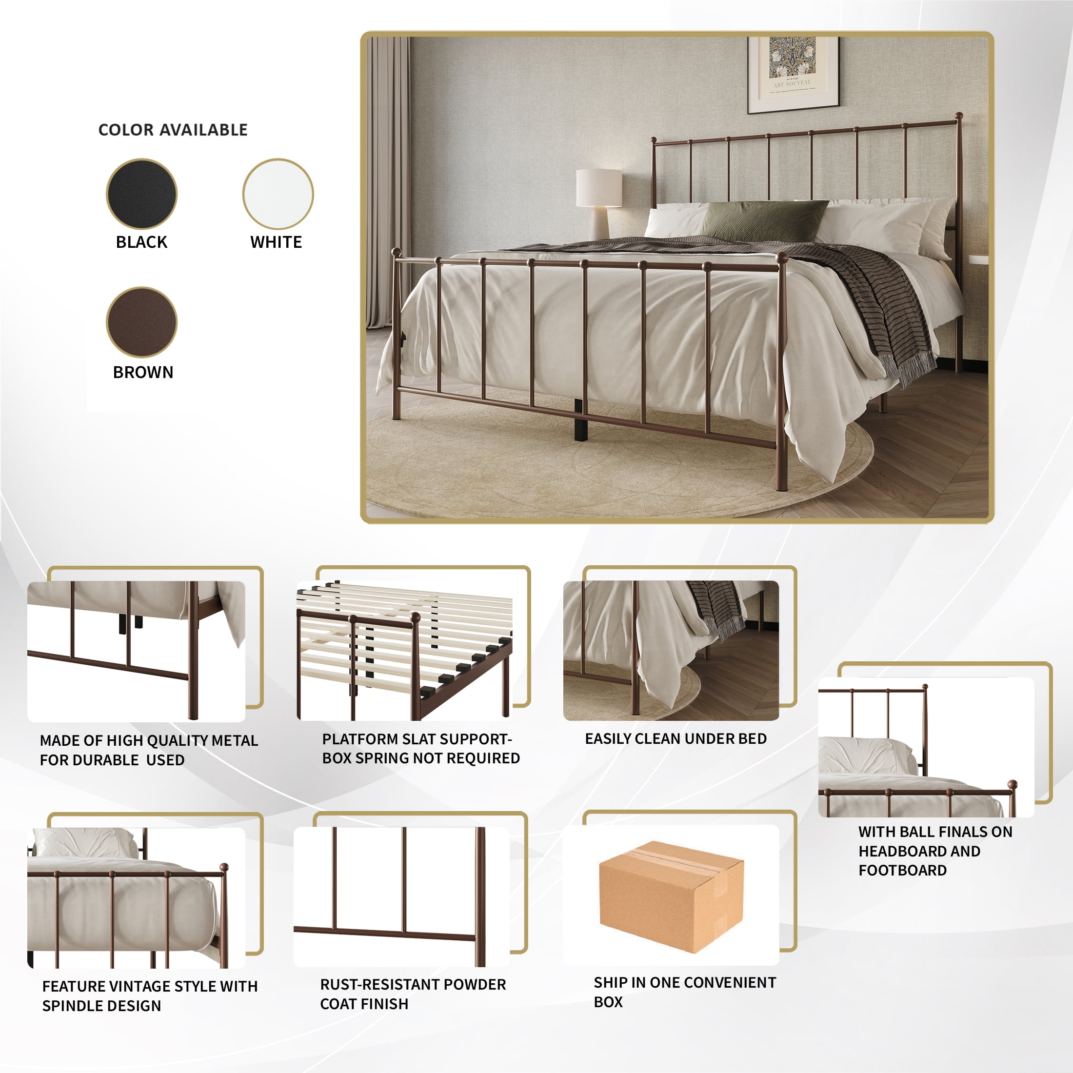 Castle Place Metal Platform Bed, King, White, Classic