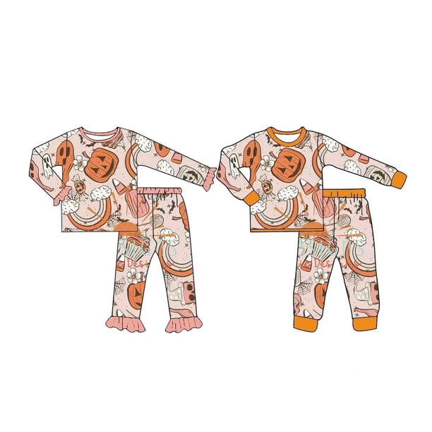 Conjunto de pijamas de hermano y hermana, pijamas estilo Jersey, pijamas de tela de seda con leche con patrón de calabaza de Halloween, pantalones de manga larga para c