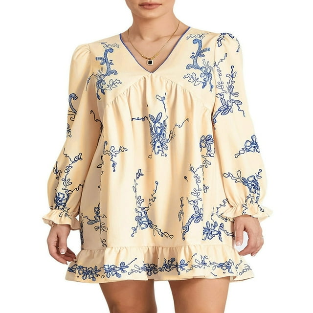 Robe à Manches Longues Col en V à Fleurs pour Femmes Tenue de Maternité Décontractée