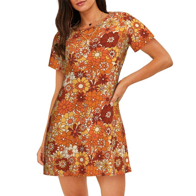 Easygdp Hippie Flower Camisón de manga corta para mujer, informal, estampado