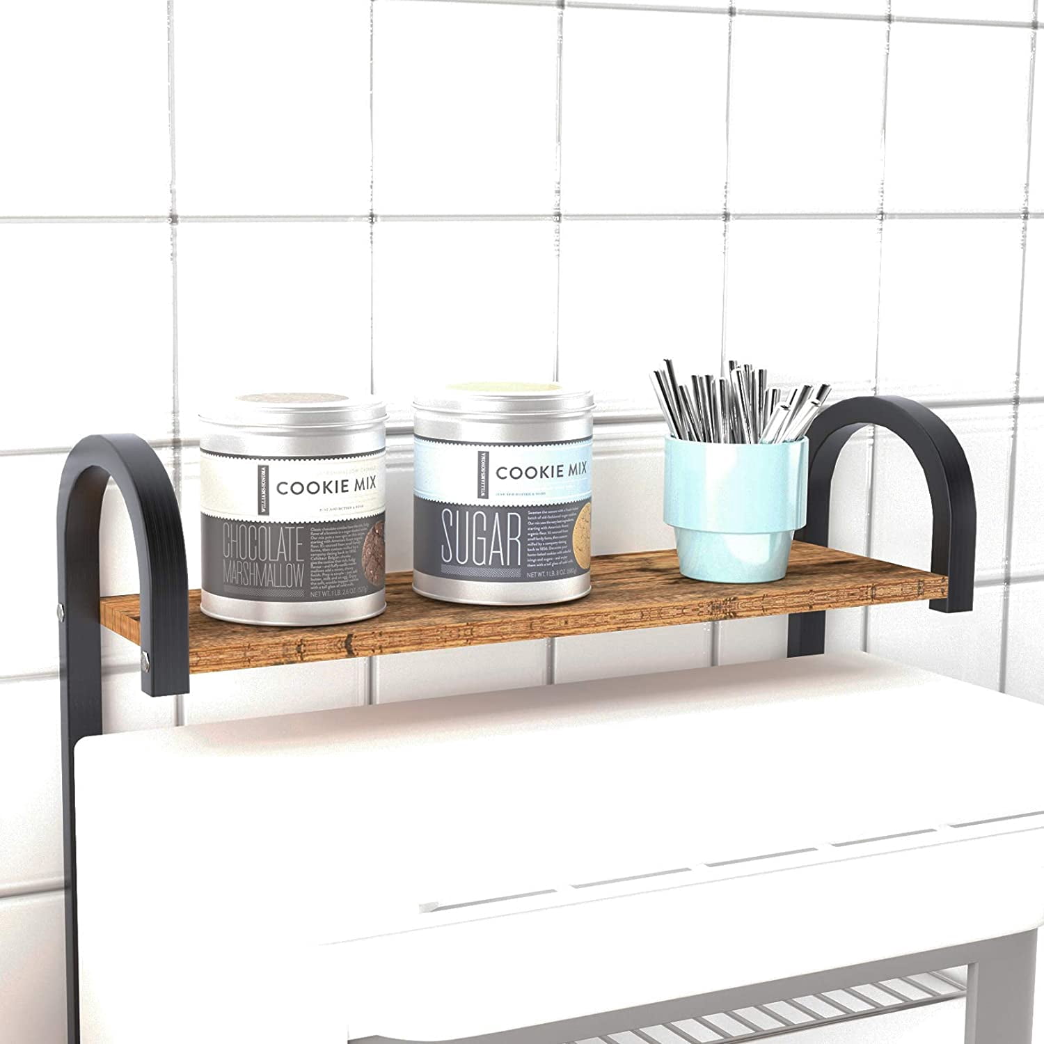 SogesPower Kitchen Island 4-Tier Storage Shelf with Hooks Microwave Oven Stand Multifunction Workstation Shelf Vintage Brown 35.4"L x 15.4"W x 55.1"H
