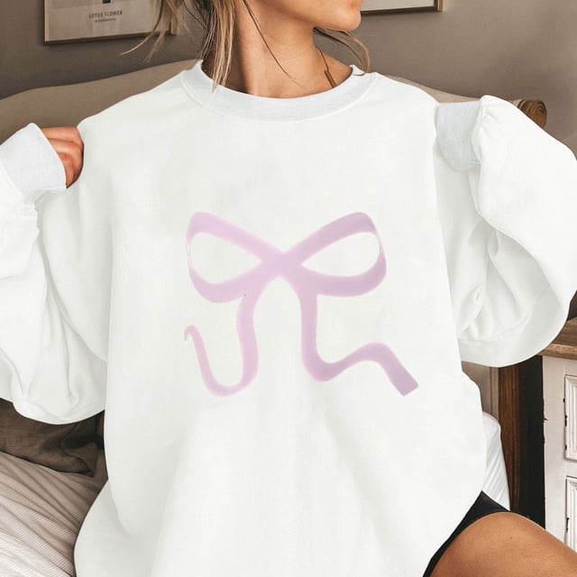 TIMIFIS White Sweatshirts for Women Crewneck Long Sleeve Oversized Pullover Tops Casual Spring Fall Outfits Bow Print Sweaters for Women - Spring/Summer
