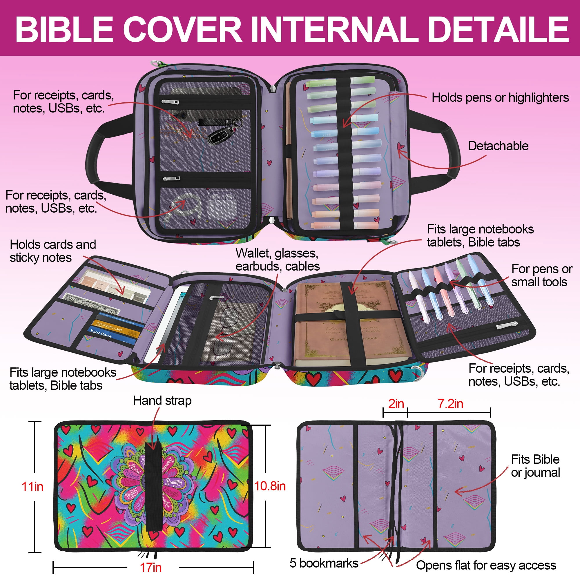 Bible Cover, Mandala Flower Large Bible Bag for Women, Bookmark Church Bag Study Supplies Journaling Kit Book Carrying Case with Bible Highlighters Shoulder Strap