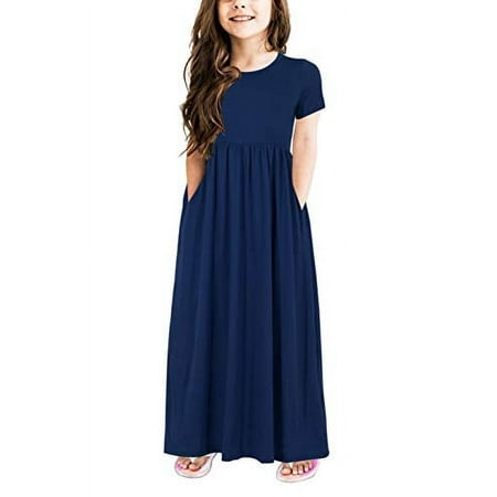 GORLYA Girl's Short Sleeve Floral Print Loose Casual Holiday Long Maxi Dress with Pockets 4-12 Years (11-12Years/Height:150cm, Navy)