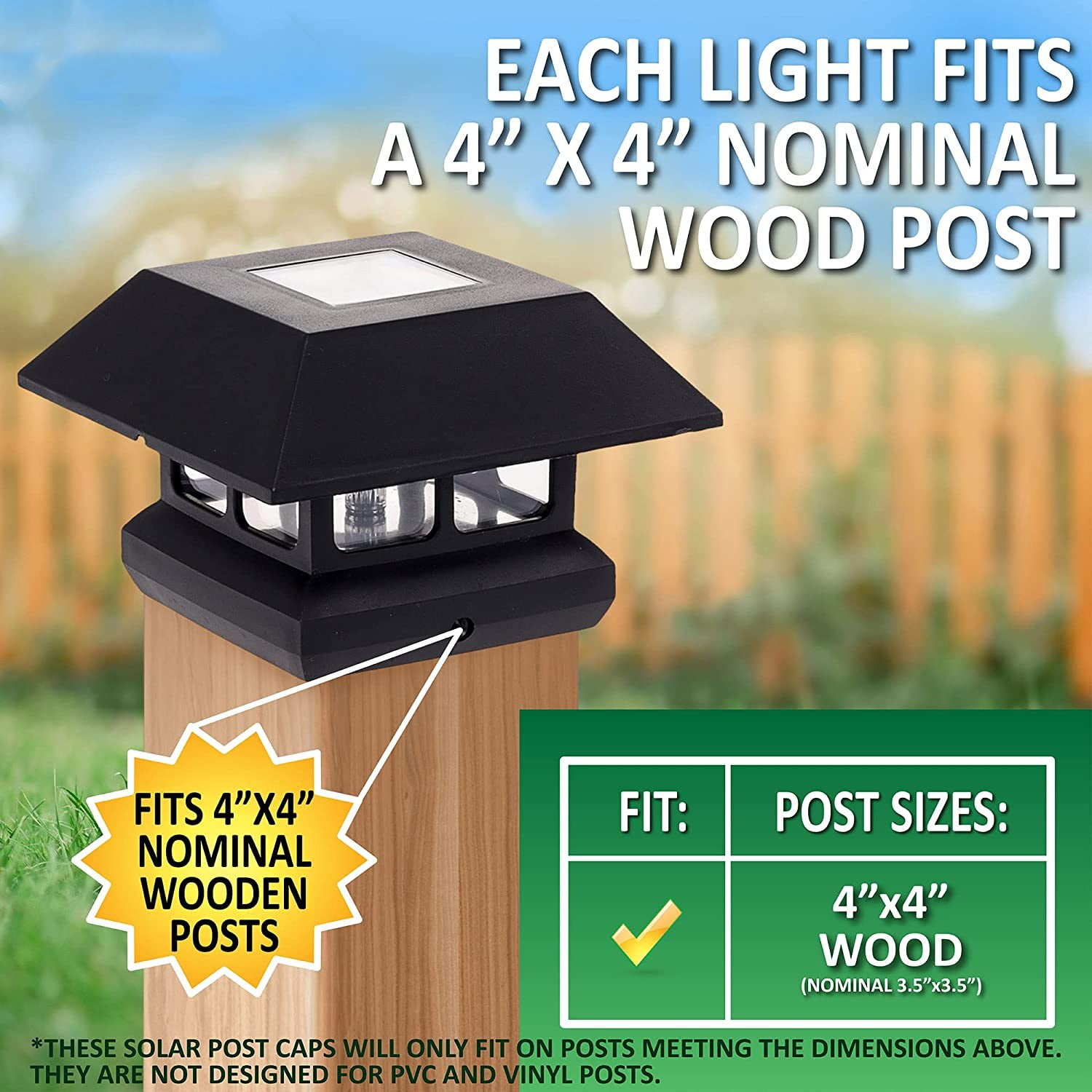 Veranda Solar Post Cap Lights Fits 4x4 Nominal Wood Outdoor Solar Powered Post  Cap Light, Fence Post, Landscaping, Deck, Garden- Bright LED, Waterproof  Black 12 Pack