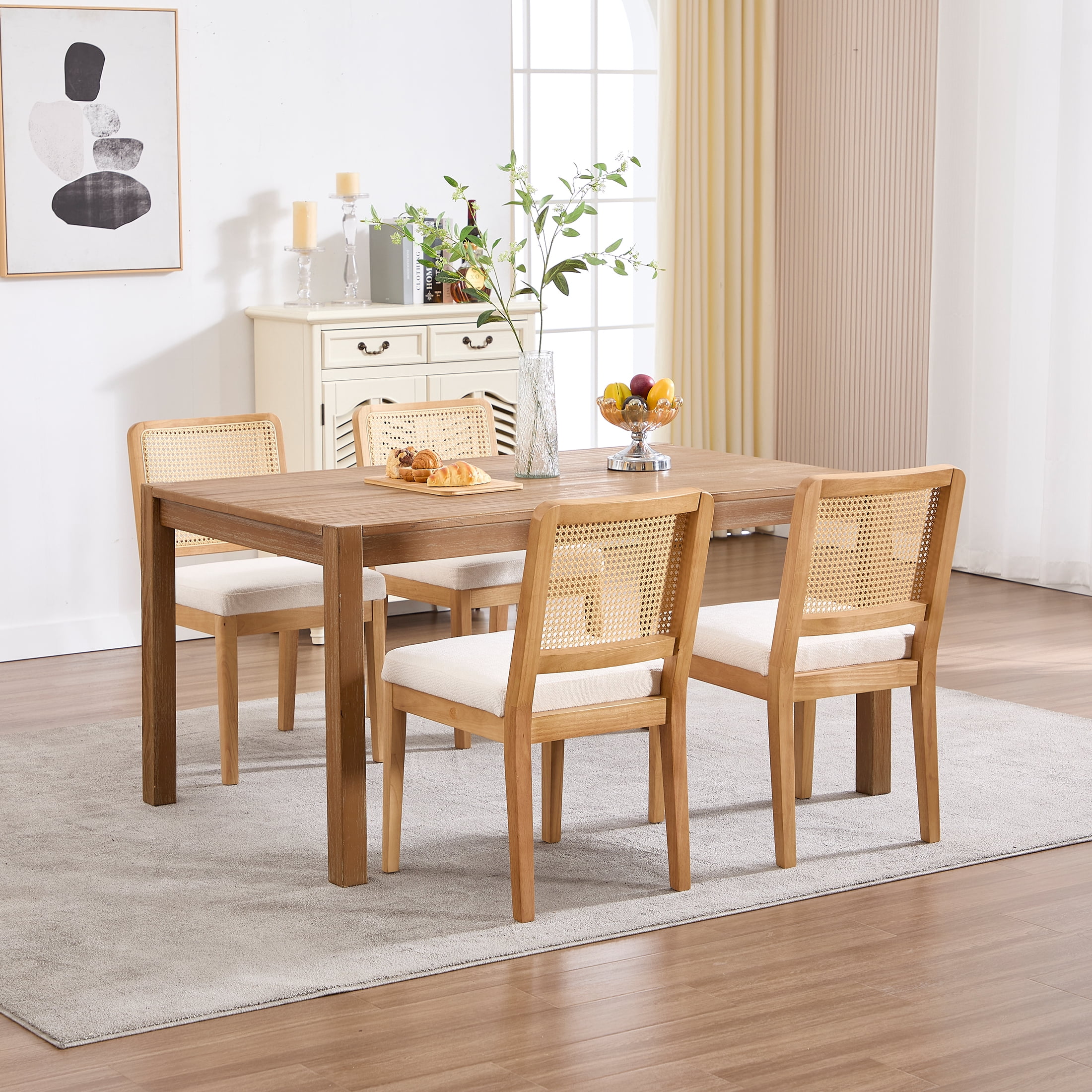Guyou Farmhouse Rattan Dining Chairs Set of 6, Modern Wooden Kitchen Chairs with Cane Back, Chenille Upholstered Dining Room Chairs, Boho Wicker Woven Dining Side Chairs for Dining Room, White