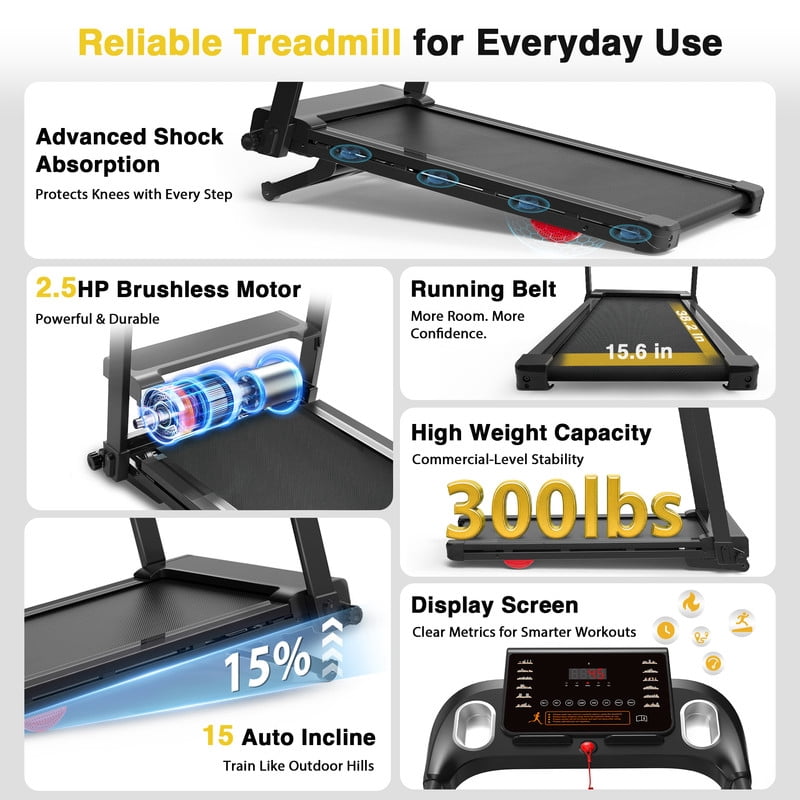 Redliro Foldable Treadmill with Auto Incline, 2.5HP Walking Pad for Home, 15% Incline Treadmill with Handles, 300 lbs Capacity