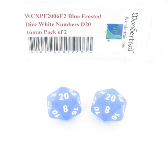 Blue Frosted Dice with White Numbers D20 Aprox 16mm (5/8in) Pack of 2 Wondertrail