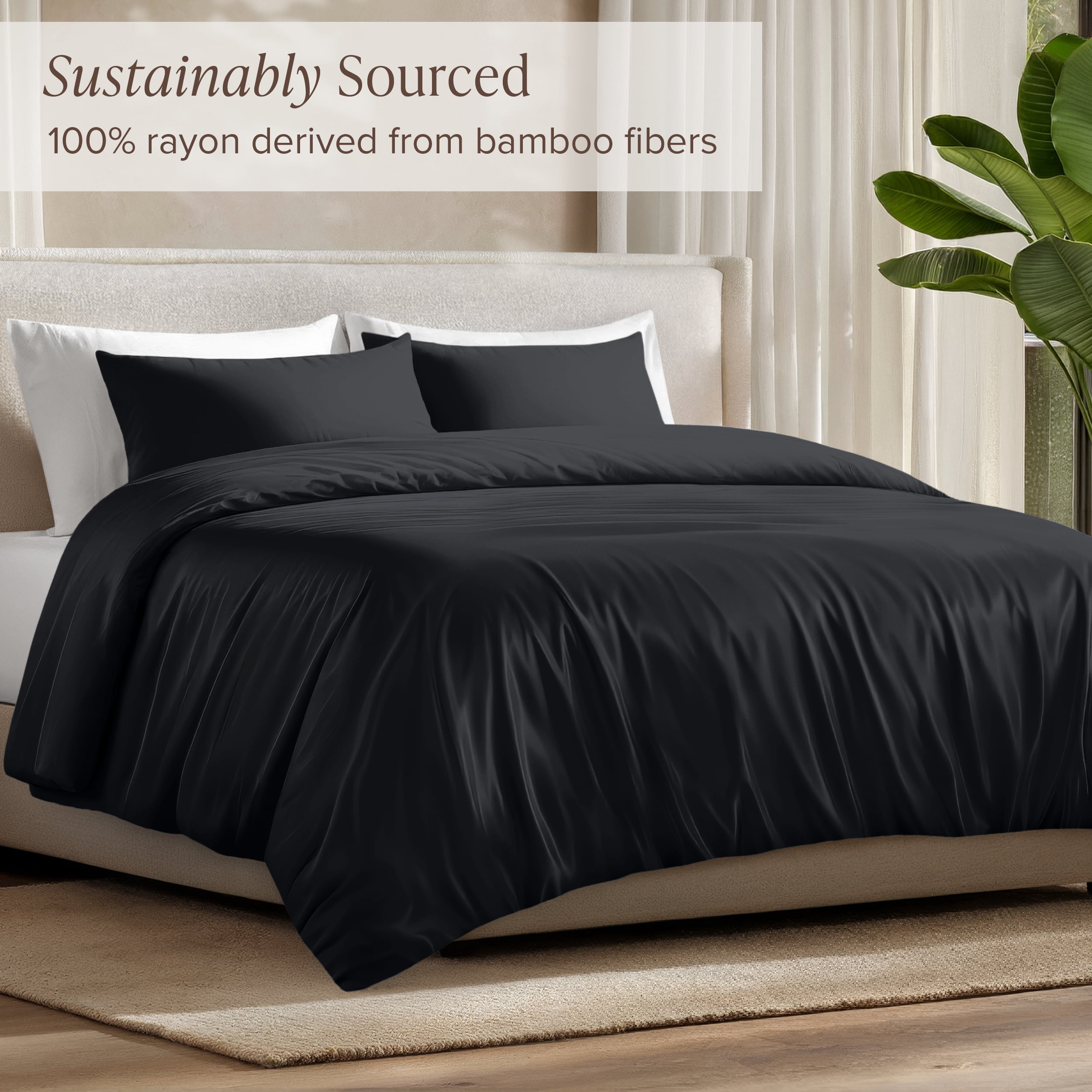 Bare Home Bamboo 3-Piece Duvet Cover Set - Made from Rayon Fibers - Soft, Cooling & Breathable - California King,Black