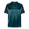 thumbnail image 5 of Olyvenn Womens Satin Comfy T Shirts Short Sleeve Button V Neck Business Tops Loose Casual Summer Tops Work Office Blouses Light Blue S, 5 of 7
