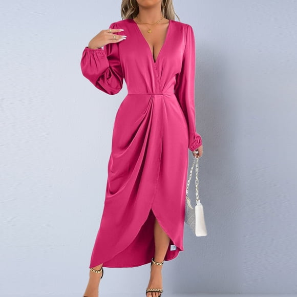 Mceream Cocktail Dresses for Women Wedding Guest formal Spring Satin Long Sleeve Dresses Evening A Line Long Dress Wrap V Neck Ruched Front Slit Loose Midi Dress Hot Pink L