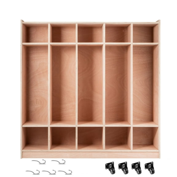 KFFKFF Locker for Coats, 5-Section Storage for Daycare 48x13x48 inch, School Gear Organizer with Hooks & Boxes, Ideal for Classroom & Kindergarten, Natural Finish