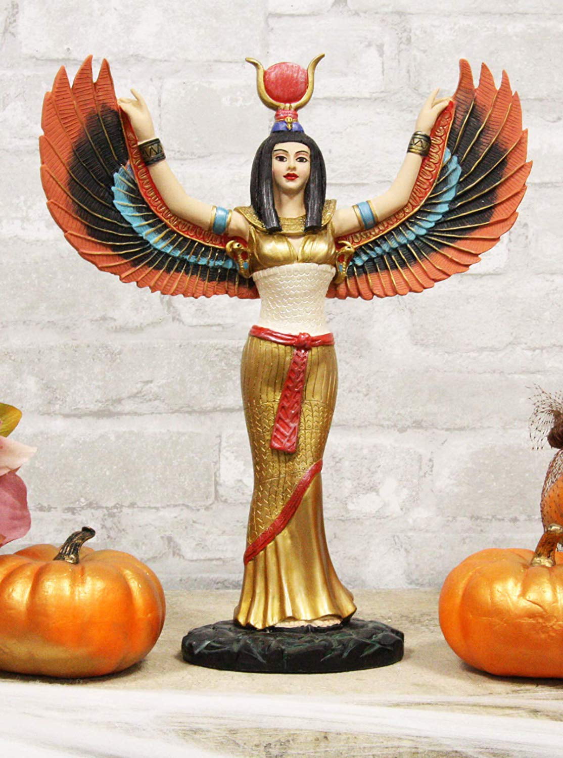 Colorful Egyptian Goddess Isis Ra With Open Wings On Gold Robe Statue 12" Tall 
