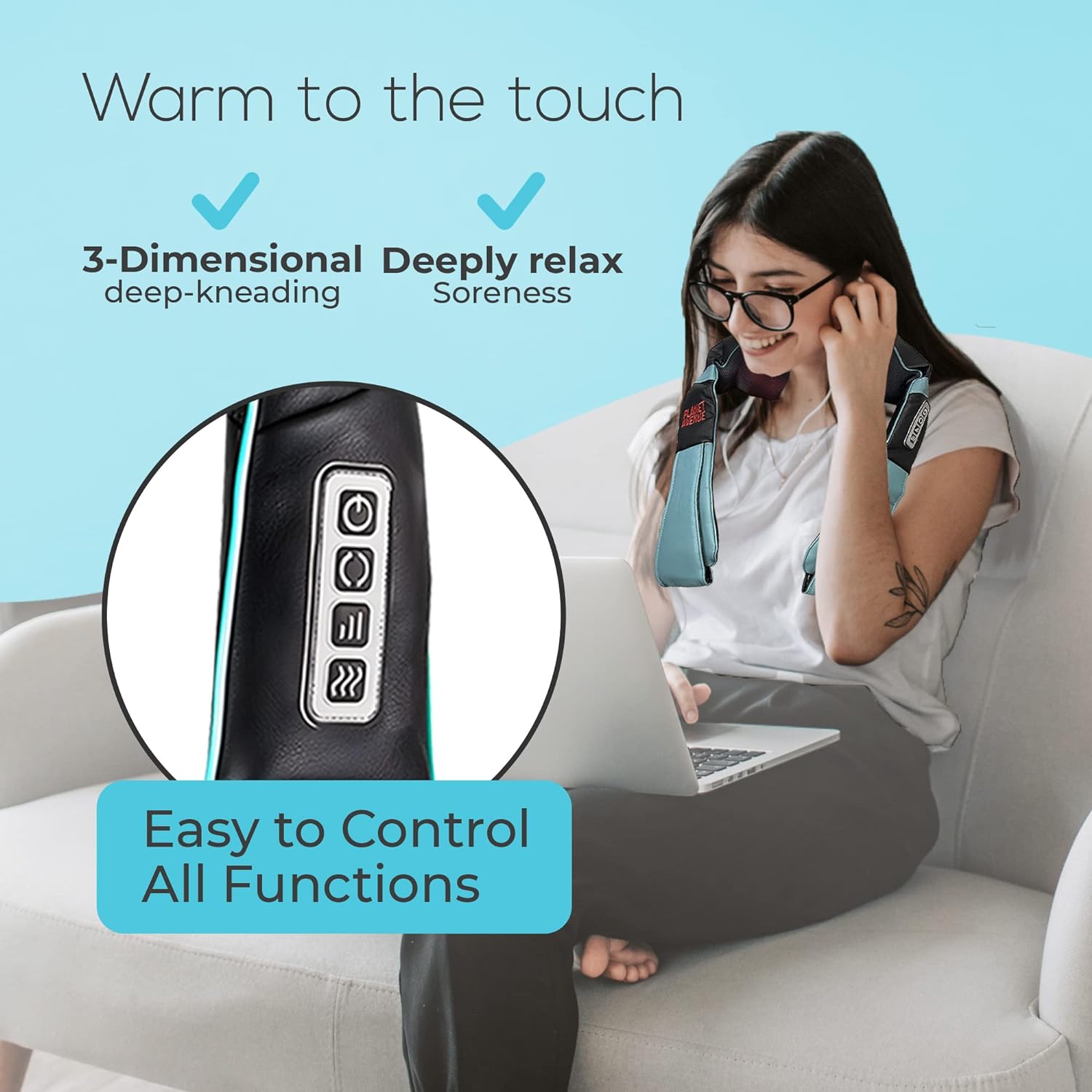 Neck and Back Massager with Soothing Heat, Electric Deep Tissue Kneading Massage Pillow for Neck, Back, Shoulder, Leg, Body Muscle Pain Relief, at Home, Office, or Car Use - Blue