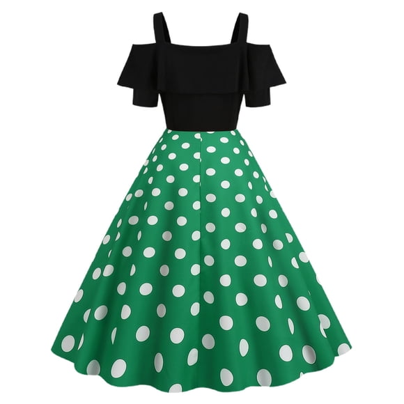 XDZJLR Womens Dresses Summer Vintage 50S 60S Style Polka Dot A Line With Ruffle Sleeves And Spaghetti Straps Skirt