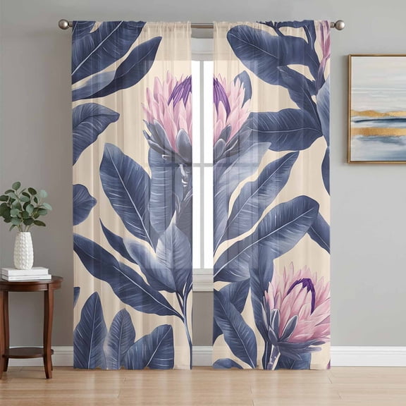 Blue Pink Purple Floral Sheer Curtains 63 Inch Length 2 Panels Set, Oil Painted Botanical Art Voile Window Treatment Rod Pocket Curtains Sheers Drapes for Bedroom/Living Room/Kitchen 52x"63"x2