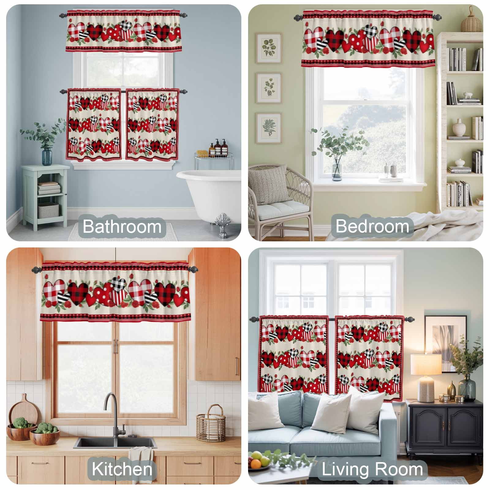 Kitchen Window Curtains Valance and Tier Set, Valentine's Day Love Rose Flower Rod Pocket Tier Curtains and Valance 3 Piece Set, Red Plaid Retro Linen Window Treatment for Bedroom Living Room