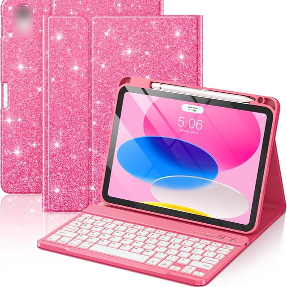 KUMEE for Ipad A16 11Th/10Th Generation Case with Keyboard,Glitter Pink|Glitter Folio Cover with Pencil Holder,Backlit Detachable Keyboard for Ipad A16 11Th 11-" 2025& Ipad 10Th Generation 2022