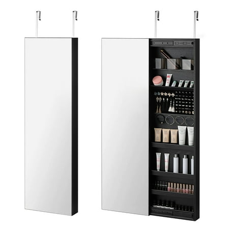 NEX Full Mirror Jewelry Armoire, Sliding Door Jewelry Cabinet, Wall-Mounted in Black