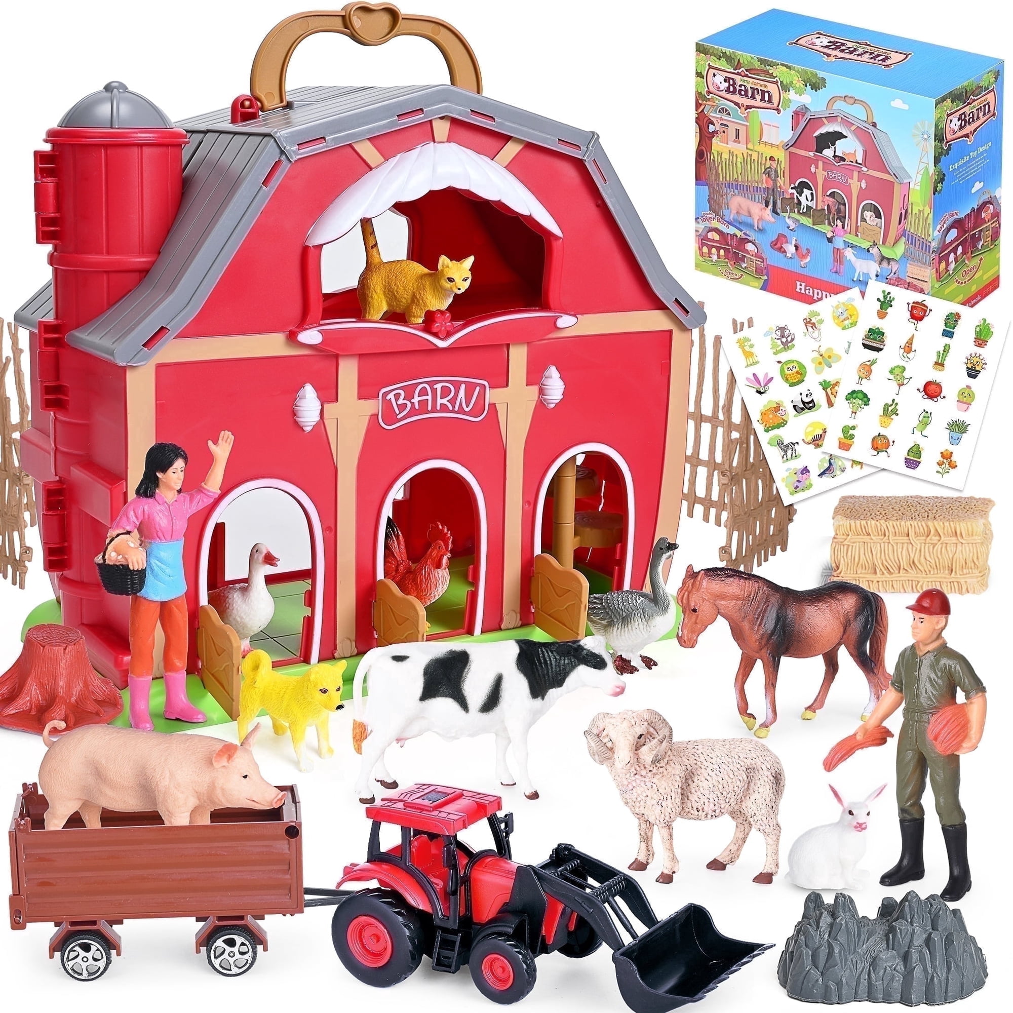 QIAHO Farm Animal Toys Take Along Barn Playset for Toddlers with 10 Realistic Animal Figurines, Pretend Play Educational Gift