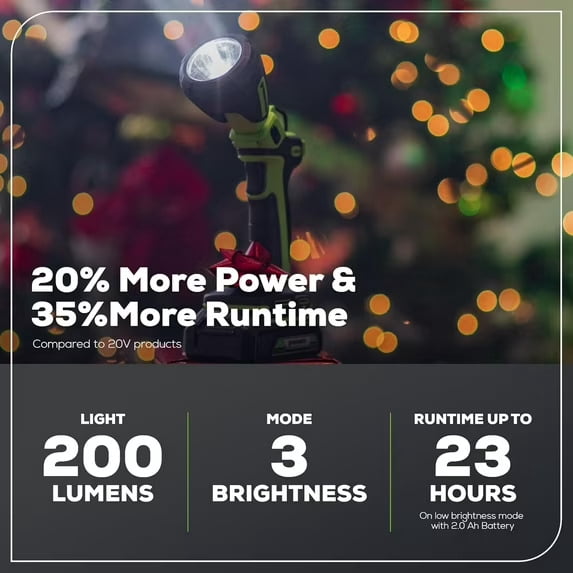 Greenworks 24V Cordless LED Flashlight, 200lm, 90° Pivoting Head, 3 Modes