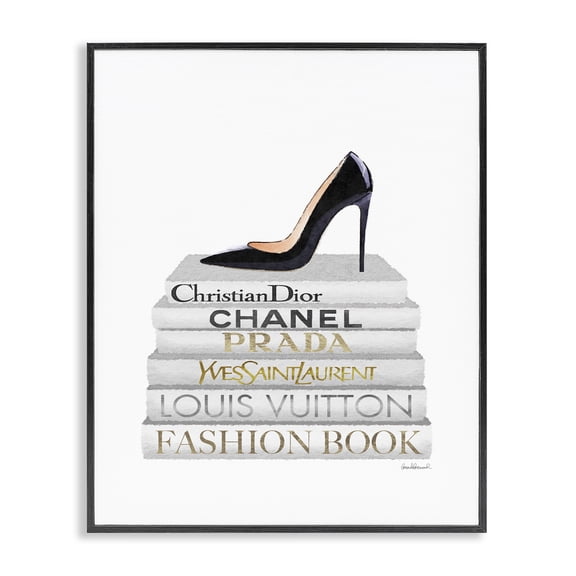 Stupell Industries Glam Fashion Designer Shoes Bookstack White Gold Watercolor Black Framed Giclee Art, 11 x 14, by Amanda Greenwood