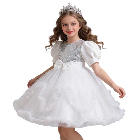 Makaor Flower Girl Dress for Weddings Sequin Bow Bubble Formal Dresses Mesh Short Puff Sleeve Ball Gown Dress Empire Waist Birthday Party Dresses