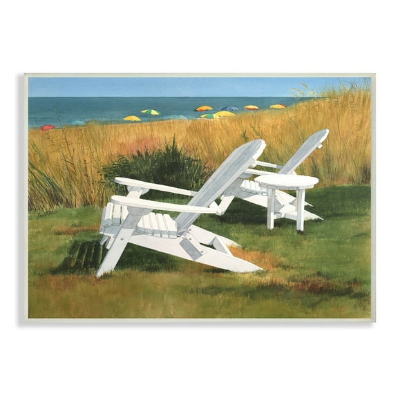 The Stupell Home Decor Two White Adirondack Chairs by Umbrella Beach Wall Plaque Art